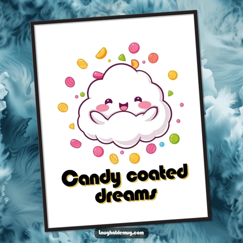 Funny Candy Rain Cloud Poster: A fluffy cloud character joyfully raining colorful candy, a sweet funny gift.