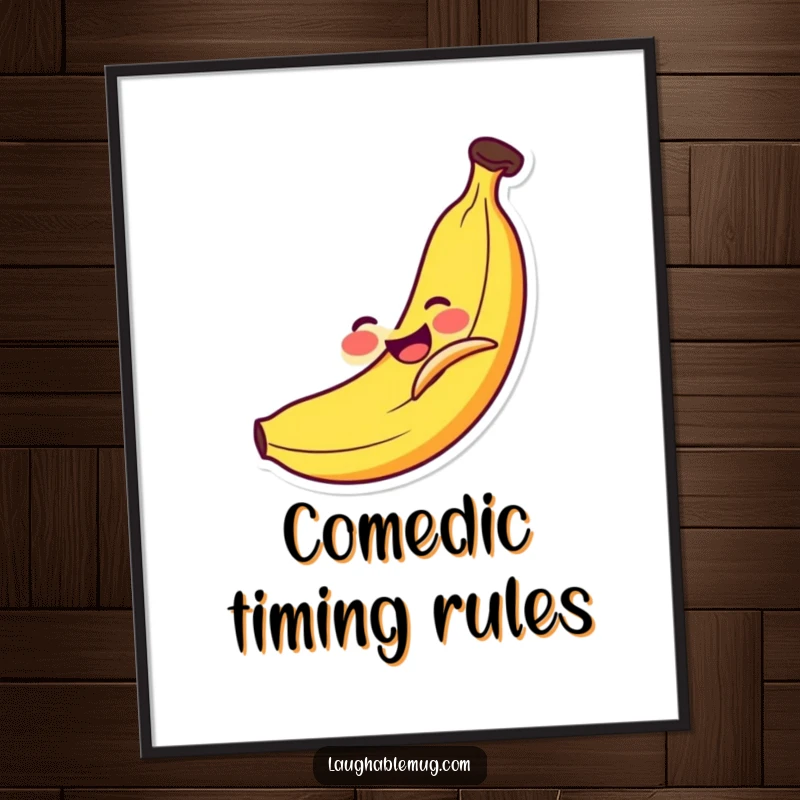 Funny Poster: Smiling banana comically slipping on its own peel, a vibrant and humorous piece of wall art.