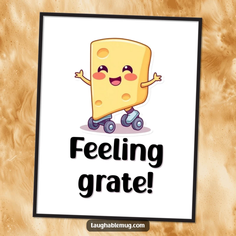 Funny poster of a smiling cheese slice on skates, capturing playful dairy energy, ideal for kitchen or dining decor, a great gift.