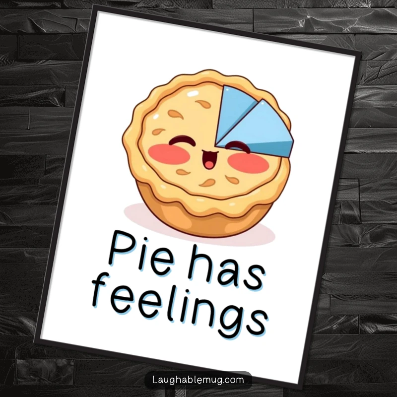 Funny poster capturing a blushing apple pie winking at a pie chart, ideal for adding whimsical and sweet humor to kitchen or dining decor.