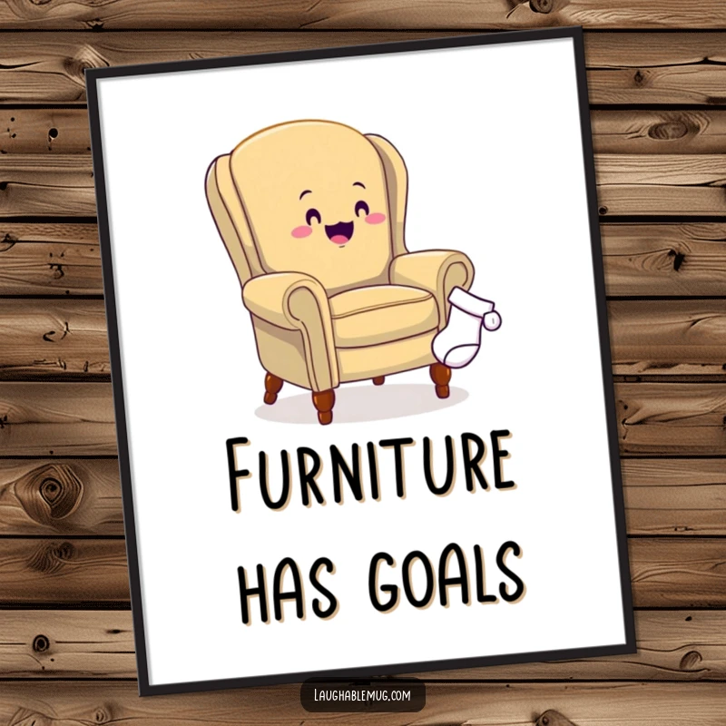 Funny poster capturing an armchair in a comical chase after a runaway sock, ideal for adding humor to any room's decor.