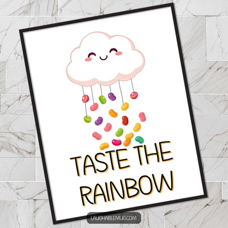 Funny poster: A bright and cheerful illustration of a smiling cloud raining a bountiful shower of colorful jelly beans.
