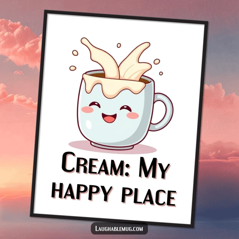 Funny poster of a grinning coffee mug comically pouring itself extra cream overflow, a vibrant and humorous wall art. Ideal funny gift.