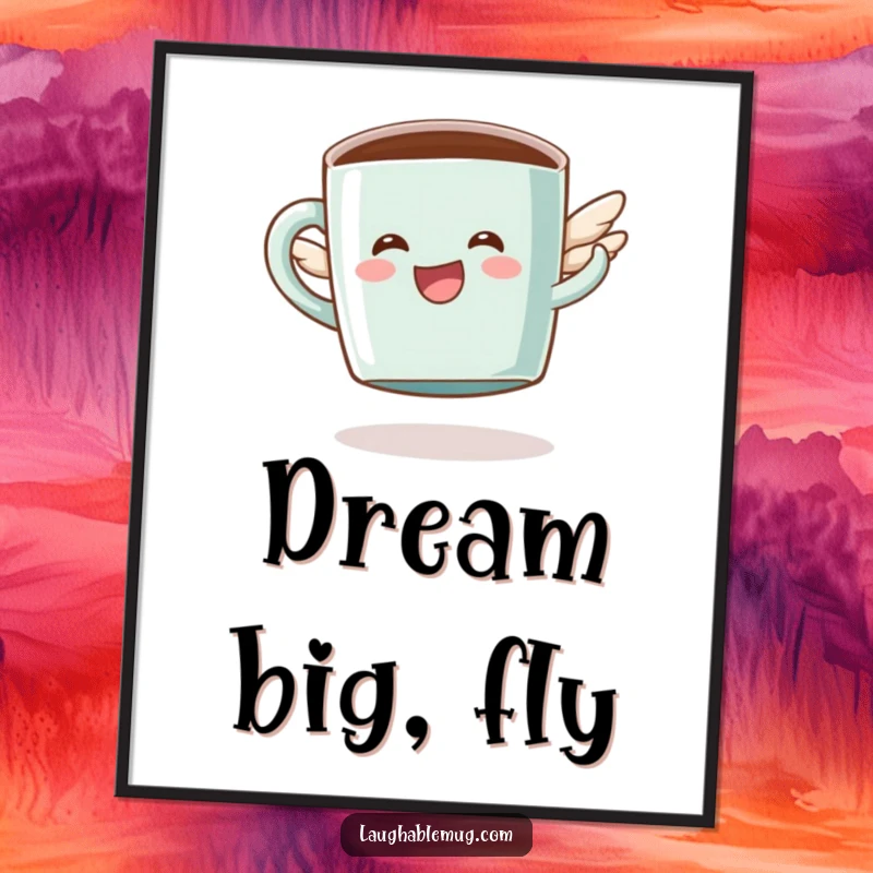 Funny poster print of a happy coffee mug character with tiny wings hilariously attempting to fly towards the sky.