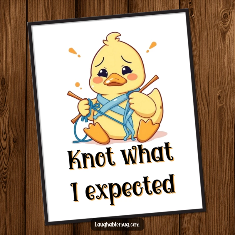 Funny poster showcasing a confused rubber duck comically struggling to knit, surrounded by a mess of yarn, embodying craft chaos.