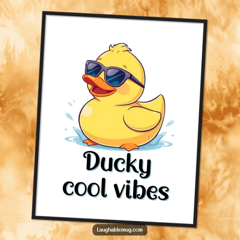 Funny poster artwork of a happy rubber ducky wearing sunglasses, splashing playfully, exuding cool and summery vibes.