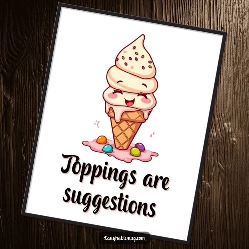 Funny poster print of a giggling ice cream cone with toppings spilling, a whimsical and cheerful artwork.