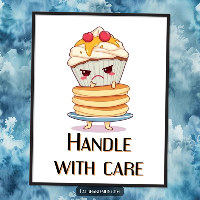 Funny poster capturing a grumpy cupcake attempting to balance a massive, wobbly stack of pancakes, conveying morning exasperation.