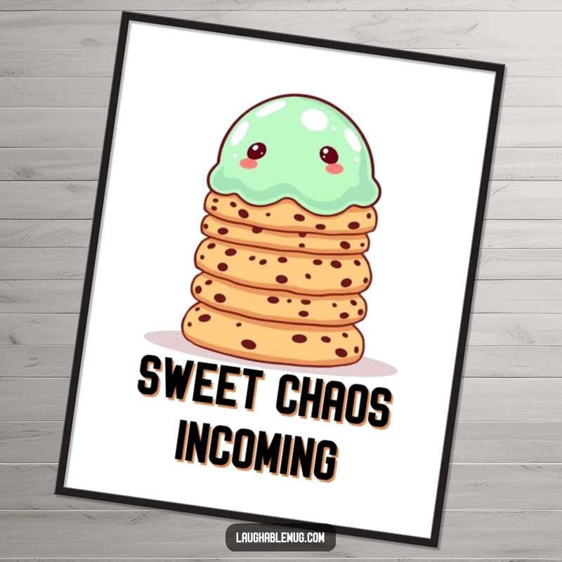 Funny poster of a wobbly jelly precariously balancing cookies, adding whimsical dessert art.