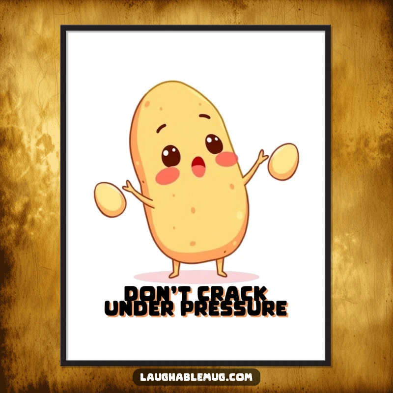 Funny poster of a surprised potato juggling eggs, creating a lively and humorous kitchen atmosphere, ideal for food lovers, a great gift.