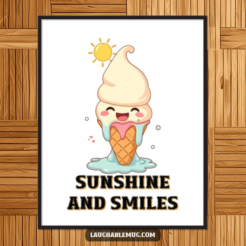 Funny poster art of a melting ice cream cone character laughing joyously under the sun, embodying sweet summer happiness.
