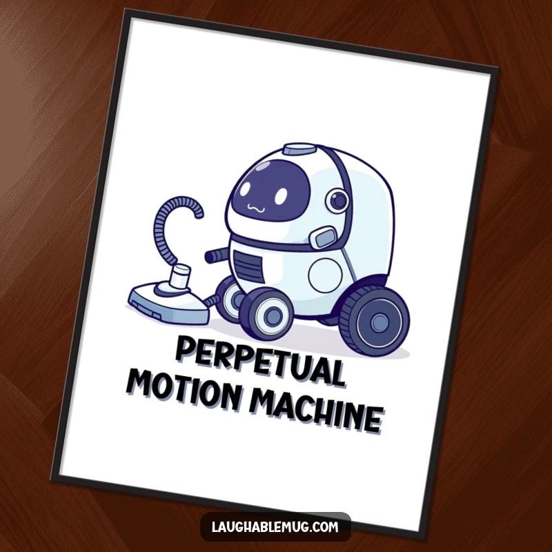 Funny poster of a clumsy robot vacuum cleaner comically chasing its tail, a humorous take on automation.