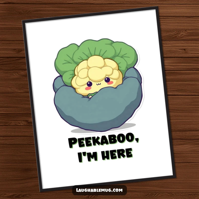 Funny Shy Broccoli Poster: An art print featuring a bashful broccoli floret character hiding shyly behind a larger vegetable, adding cute humor.