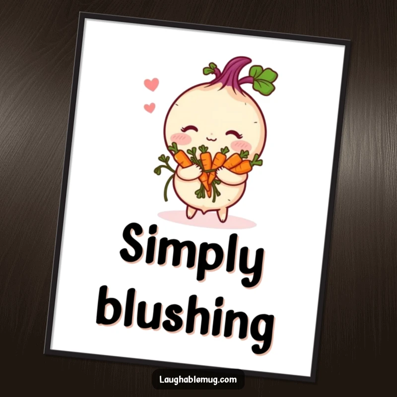 Funny Poster: A shy turnip radiates a soft blush, holding a delicate bunch of carrots, exuding bashful charm.