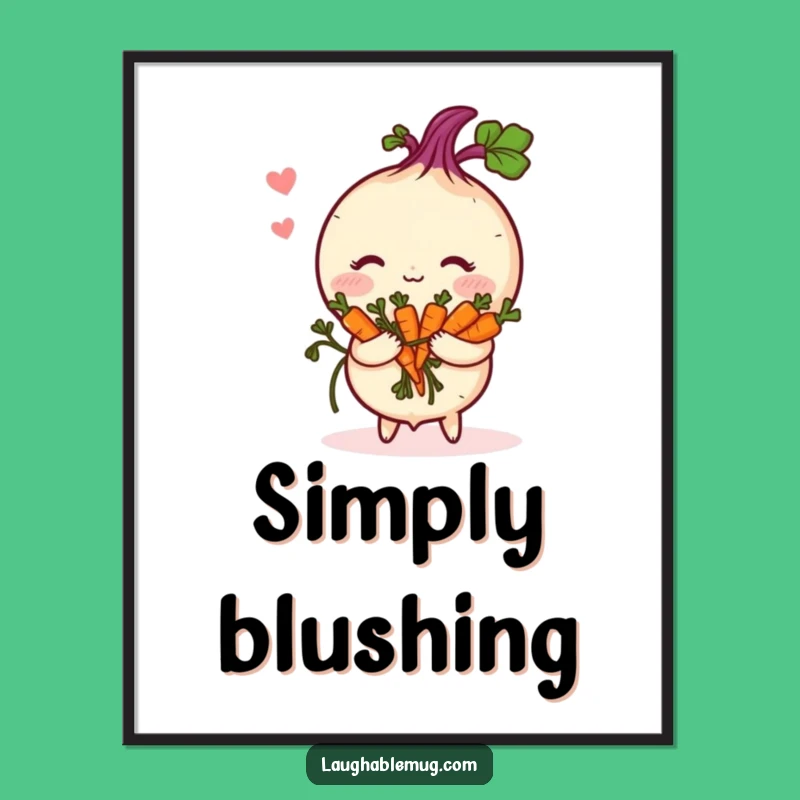 Funny Shy Turnip Poster, Whimsical Blushing Vegetable with Carrot Bouquet Art