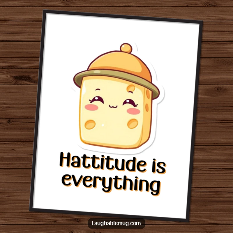 Funny poster of a happy cheese slice wearing a tiny hat, a whimsical and delightful piece of art.