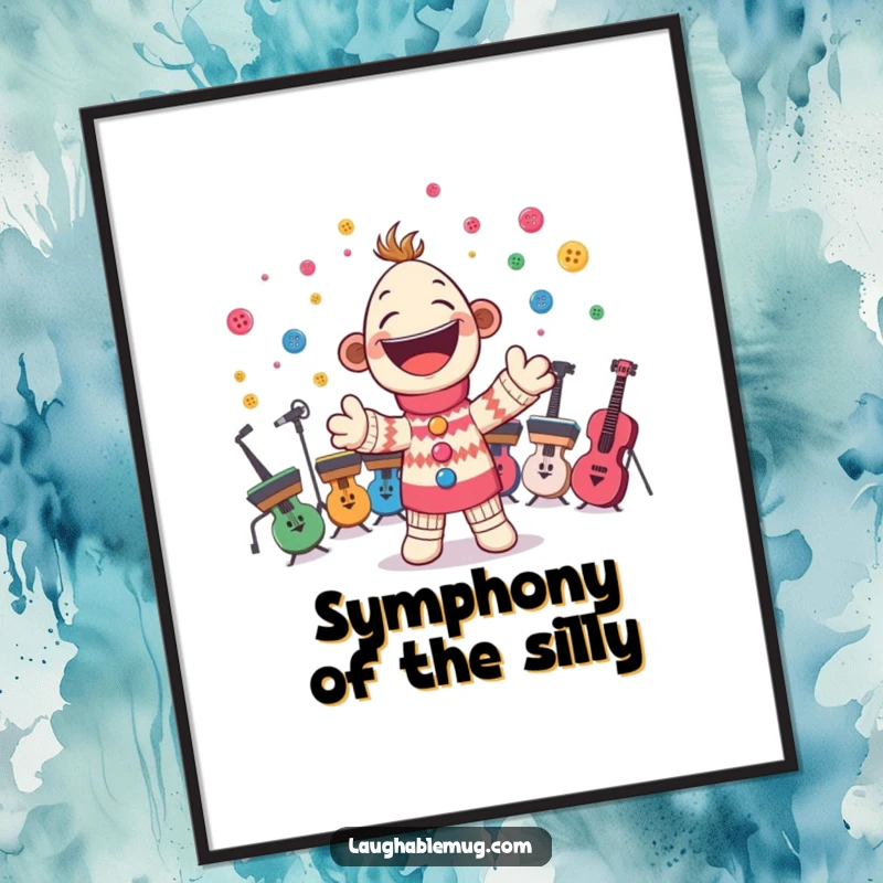 Funny poster print of a cheerful sock puppet enthusiastically conducting a button orchestra, a whimsical piece of art.