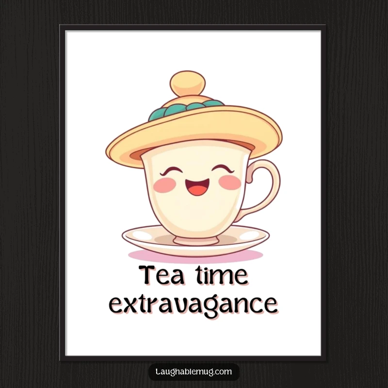 Funny poster of a laughing teacup wearing a ridiculously oversized, floppy hat, bringing whimsical charm to any space. An elegant funny gift.