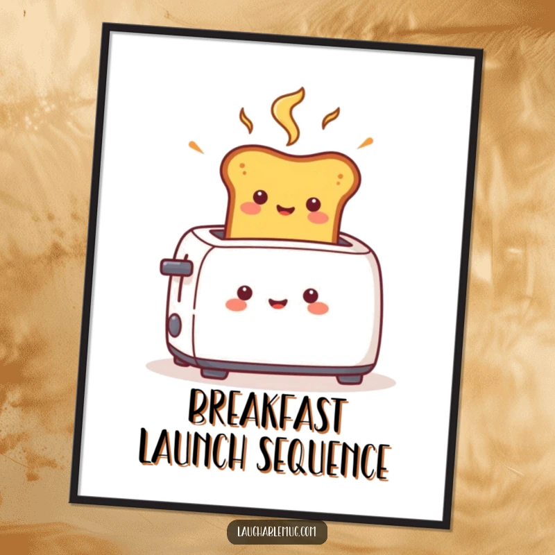 Funny poster art of a cheerful toast character popping rapidly from a toaster, capturing a moment of surprising speed and breakfast fun.