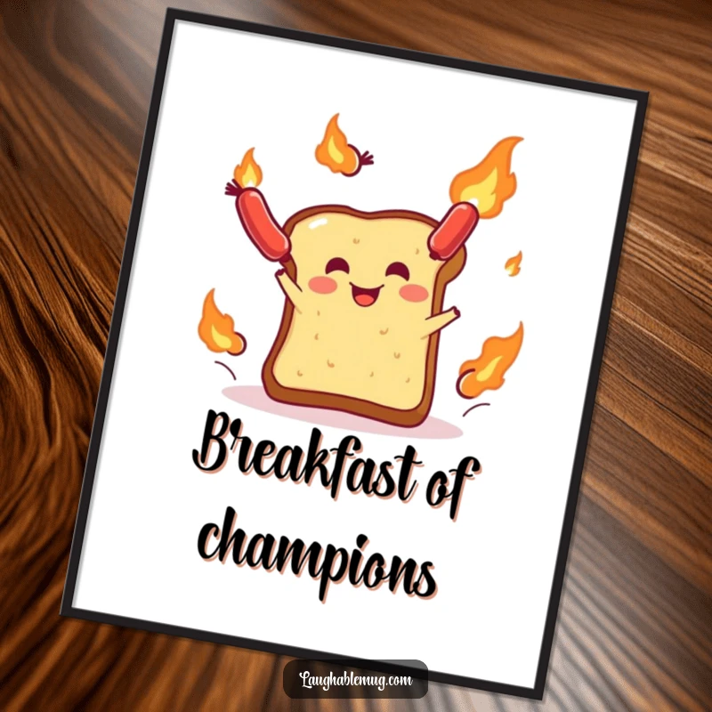 Funny poster: A detailed illustration of a toast slice juggling multiple flaming sausages, capturing a moment of breakfast absurdity.
