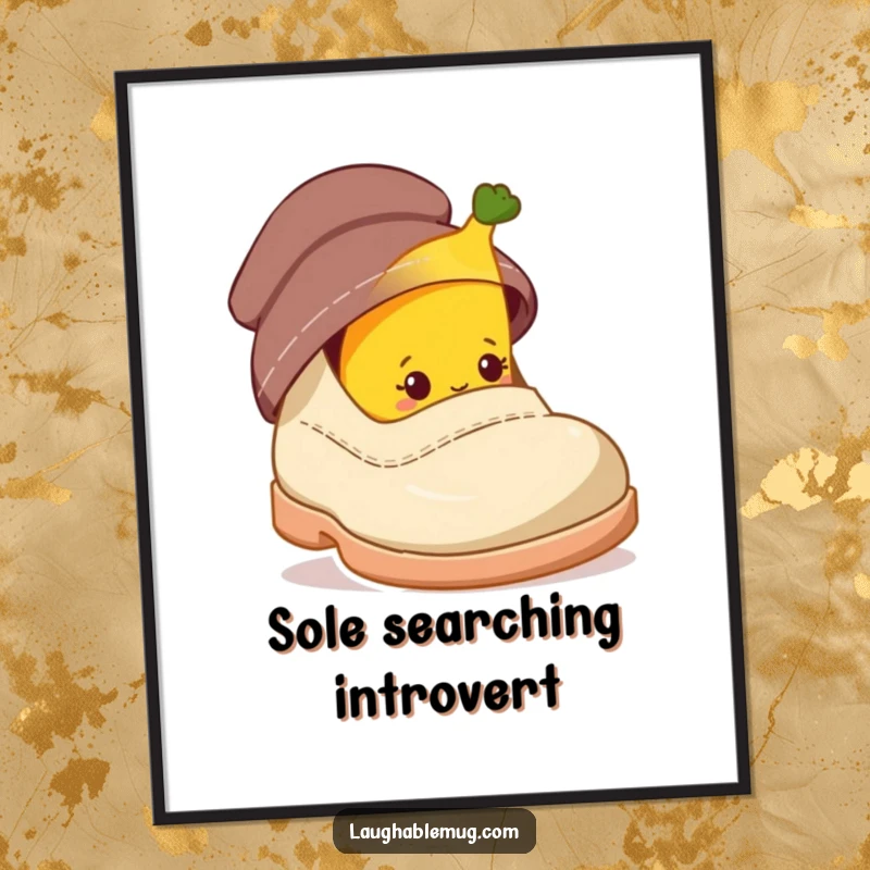 Funny poster art of a shy banana character peeking from behind a giant shoe, showcasing playful timidity.