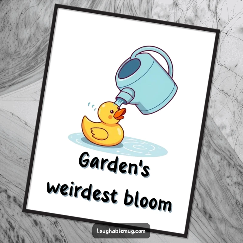 Funny poster depicting a confused watering can trying to water a happy rubber duck, adding a touch of whimsical garden humor to decor.