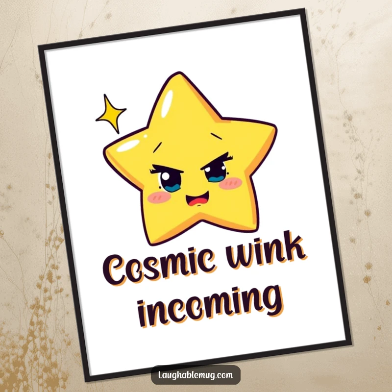 Funny Poster: Mischievous star attempting to wink with exaggerated sparkle, a vibrant and humorous celestial art piece.