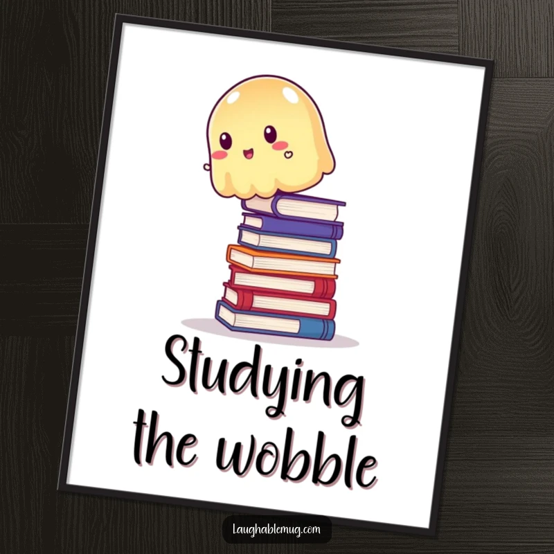 Funny Poster: Wobbly jelly trying to balance precariously on a stack of books, a lighthearted and humorous piece.