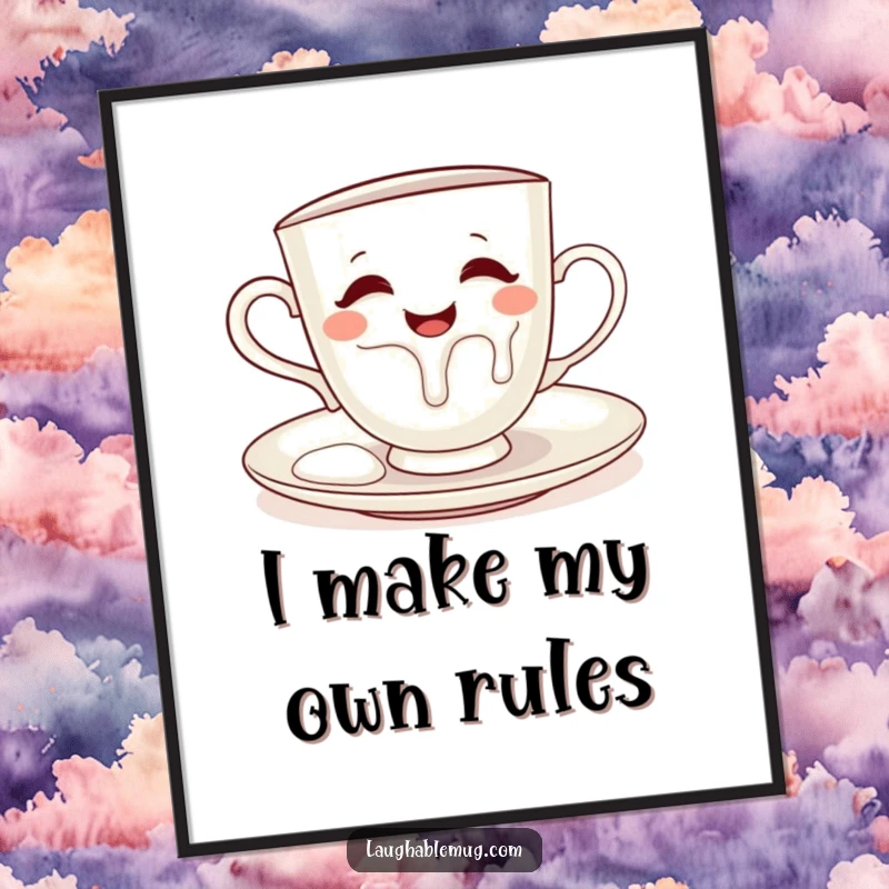 Funny poster featuring a teacup playfully pouring milk onto its saucer, adding whimsical decor to any room.