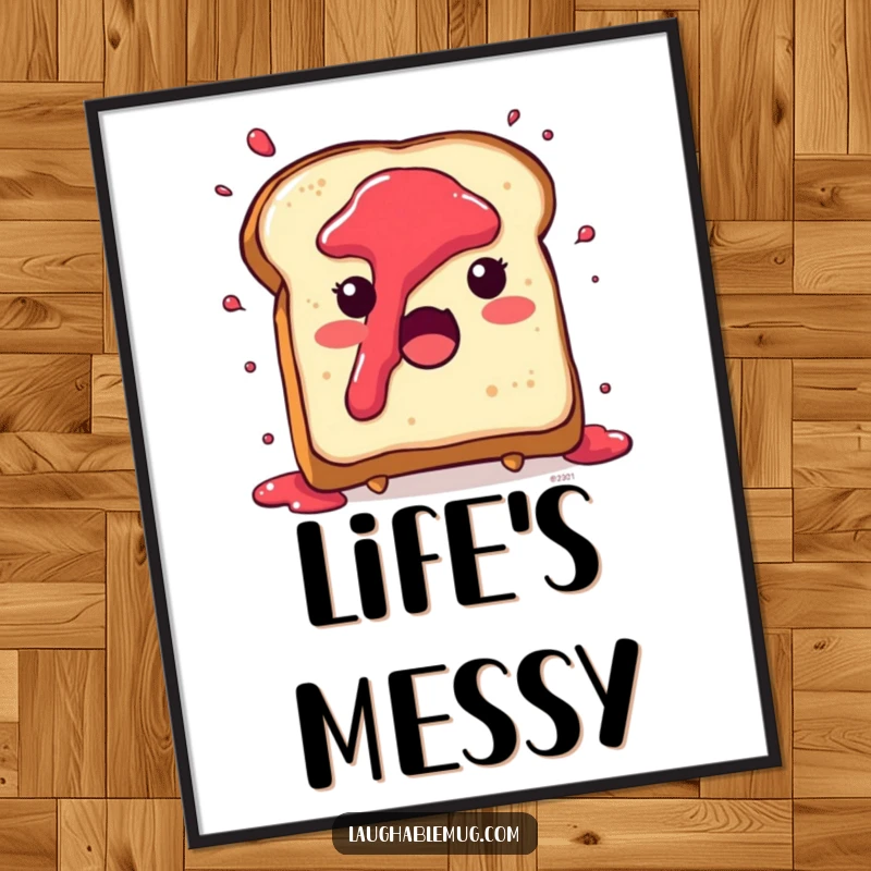 Funny poster print of a cute toast character with jam splattering everywhere in surprise, adding breakfast-themed humor.
