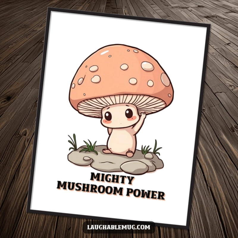 Funny Poster: A determined mushroom attempting to lift an oversized pebble, an inspirational and humorous wall art.