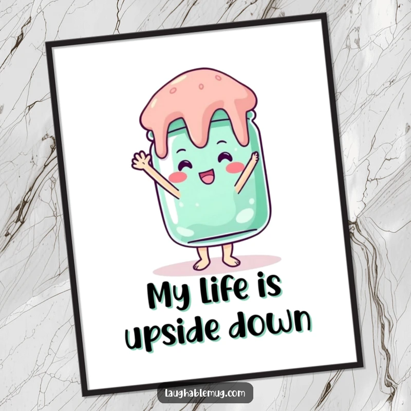 Funny poster print of a jelly jar in a precarious handstand, a delightful and humorous piece of wall art.