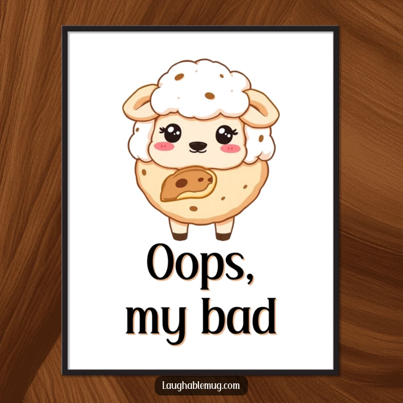 Funny poster print of a sheepish cookie with a bite missing, adding a humorous and charming touch.