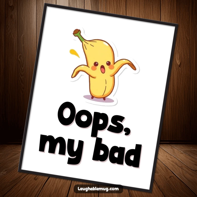 Funny poster art of a surprised banana peel character comically slipping on itself, bringing slapstick humor and visual comedy.