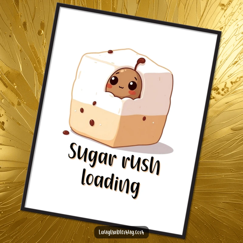 Funny Poster: A curious coffee bean emerges from a giant sugar cube, showcasing a sweet and humorous visual for wall decor.