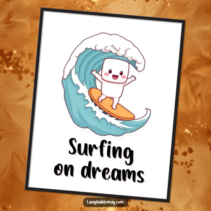 Funny poster illustrating a gleeful marshmallow character riding a colossal coffee wave, a vibrant and humorous piece of wall art.