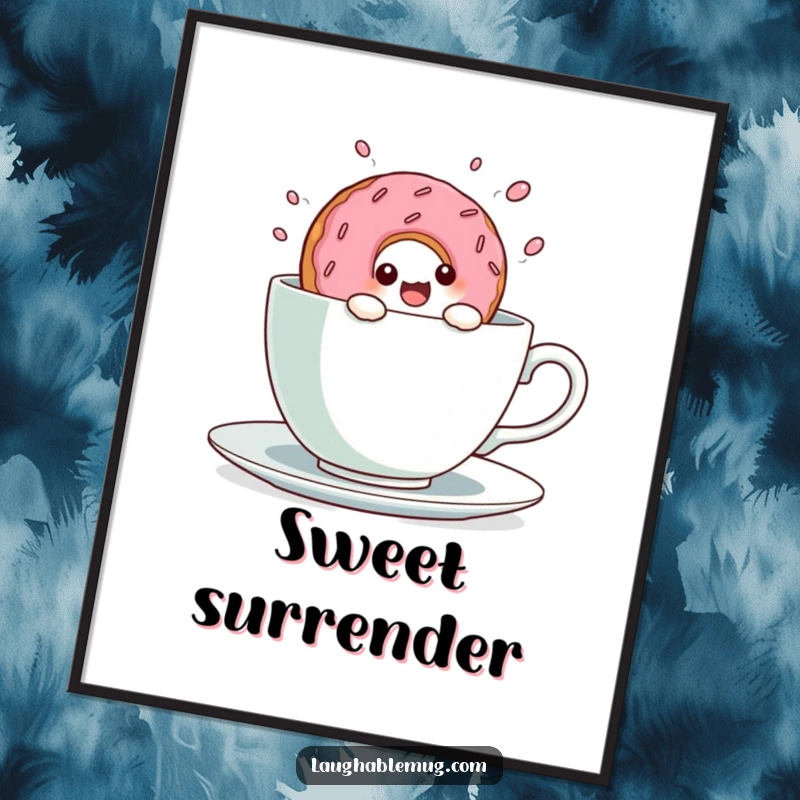 Funny Kawaii Donut Teacup Dive Poster: A cute donut dives with abandon into a giant teacup, perfect wall art for joy.