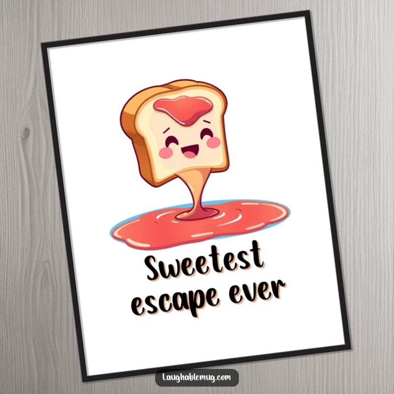 Funny poster showing a happy toast character making a dramatic splash dive into a jam pool, adding humor to decor.