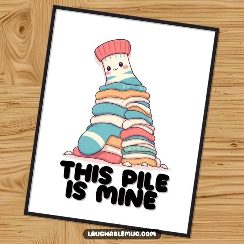 Funny Poster: A sock bravely mountaineering a colossal laundry pile, showcasing immense effort and a determined, humorous spirit on your wall.