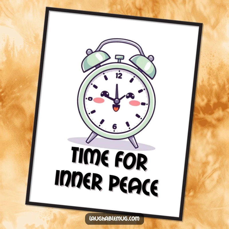 Funny poster of a beaming alarm clock striking a peaceful yoga pose, symbolizing calm and timely relaxation.
