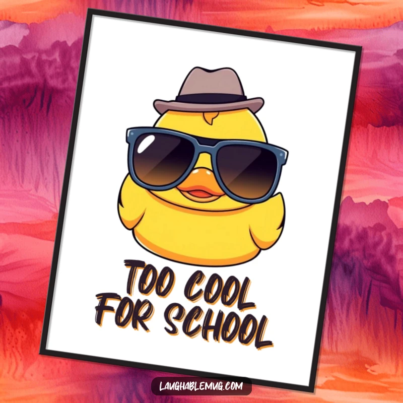 Funny Kawaii rubber ducky character wearing sunglasses and a fedora, presented as stylish wall art for any room.