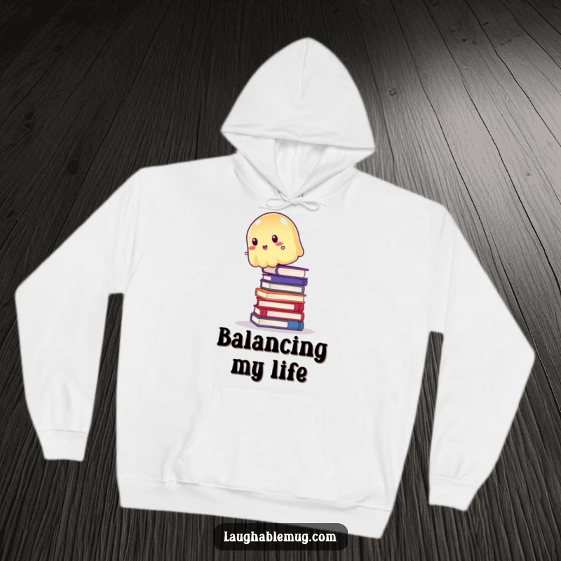 Funny Hoodie: Wobbly jelly trying to balance precariously on a stack of books, a warm and humorous statement piece.