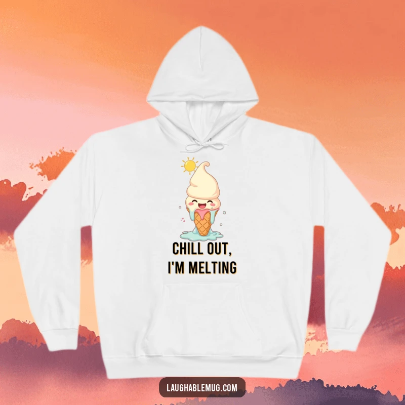 Funny hoodie with a melting ice cream cone character laughing joyously under the sun, offering cozy comfort and sweet summer vibes.