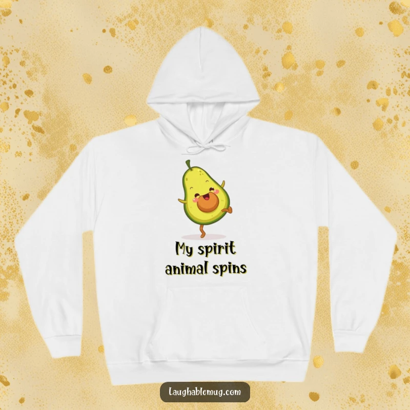 Funny hoodie showcasing a fuzzy avocado mid-cartwheel, radiating happiness and a commitment to energetic fun.