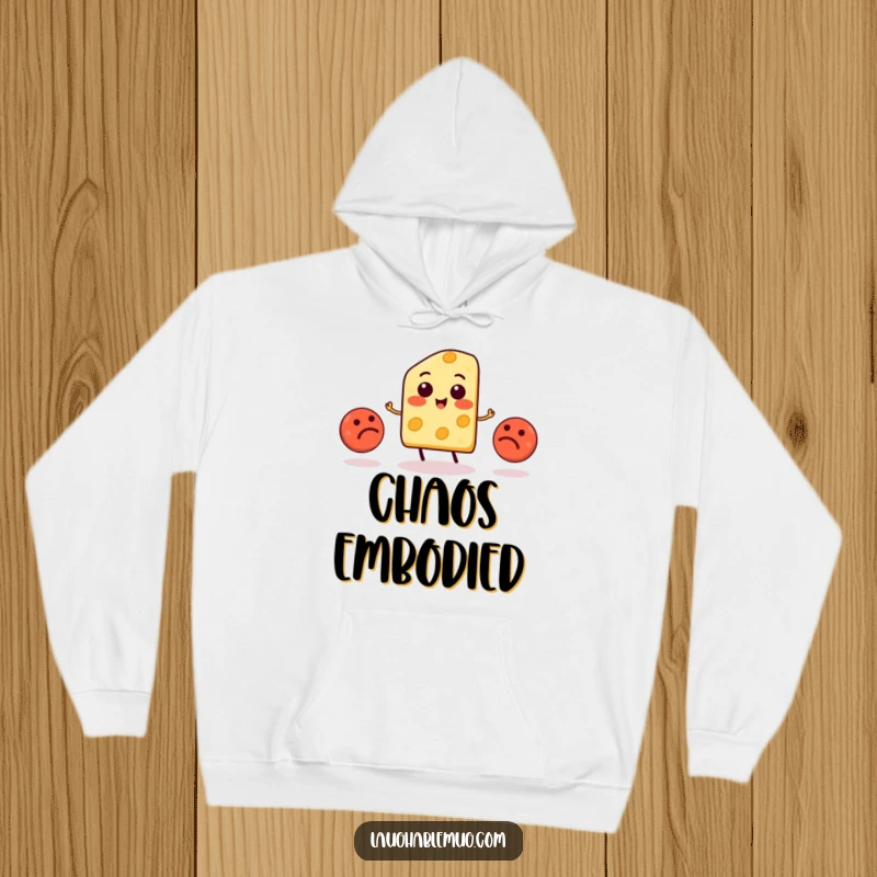 Funny Cheese Juggling Meatball Hoodie: A smiling cheese slice comically juggles three plump meatballs, perfect for cozy laughs.