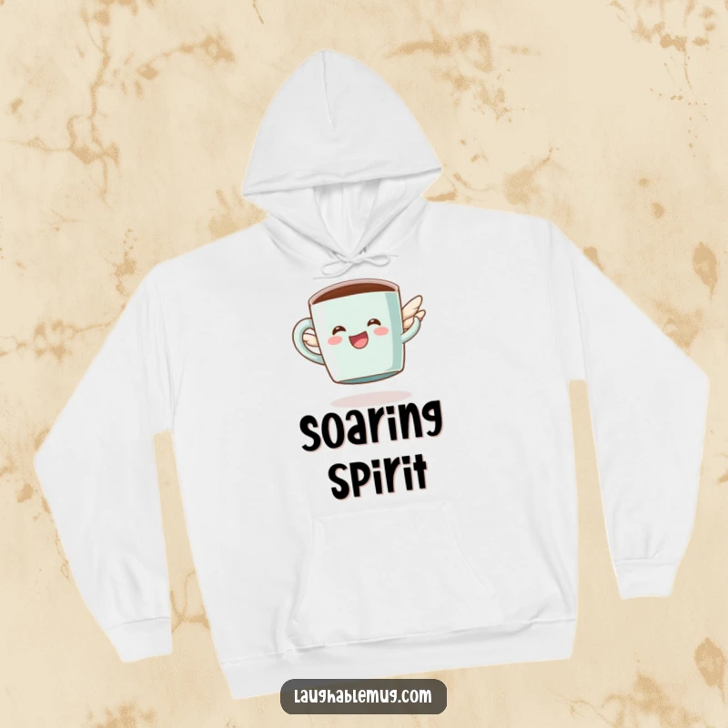 Funny hoodie featuring a happy coffee mug character attempting to fly with small, whimsical wings, designed for comfort.