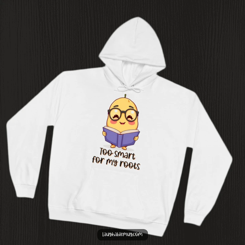 Funny Potato Scholar Hoodie: A friendly potato wearing spectacles is absorbed in reading a huge book, offering warmth and a humorous vibe.