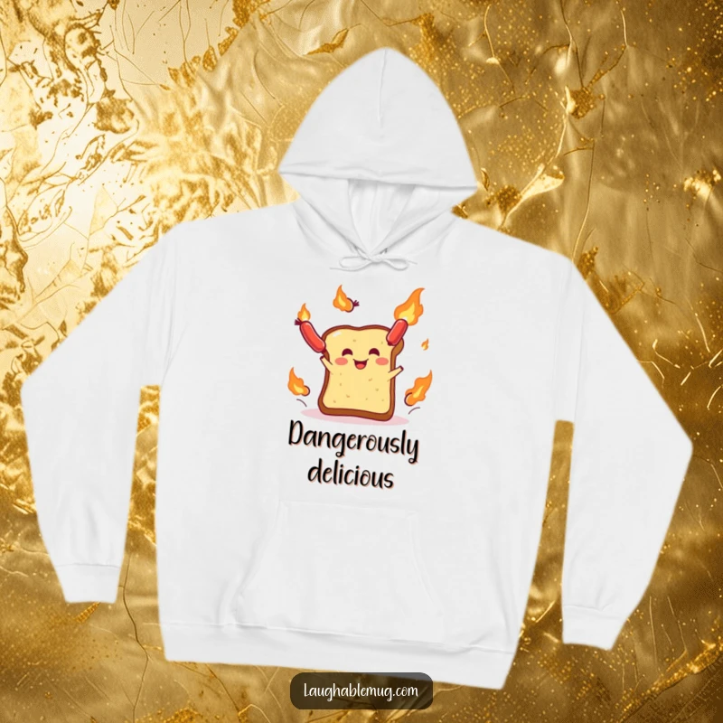 Funny hoodie: A piece of toast masterfully juggling burning sausages, designed for ultimate comfort and morning amusement.