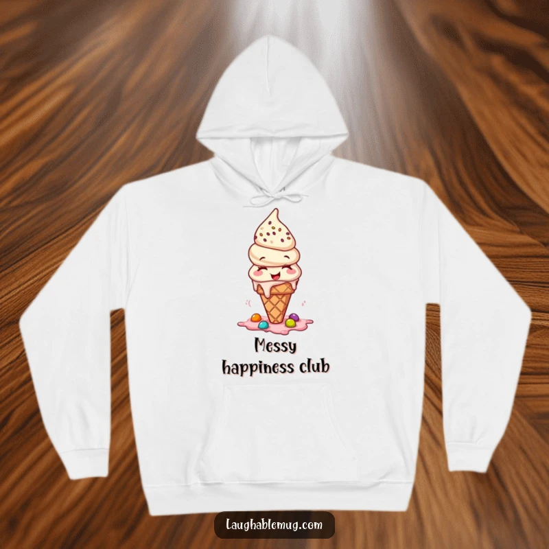 Funny hoodie design of a giggling ice cream cone with toppings spilling, perfect for cozy, humorous wear.