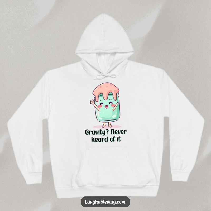 Funny hoodie featuring a jelly jar in a comical, unsteady handstand, radiating warmth and quirky charm.